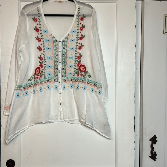Soft surroundings 100% cotton embroidered button down tunic top/ blouse - Picture 1 of 13